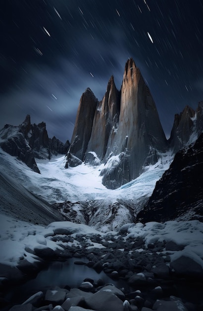 Des sommets rocheux sous le ciel nocturne avec des traces d'étoiles et une couverture de neige en dessous