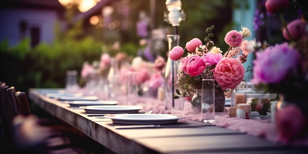 Une somptueuse salle à manger en plein air dans un jardin d'été luxuriant et sophistiqué aux tons pastel