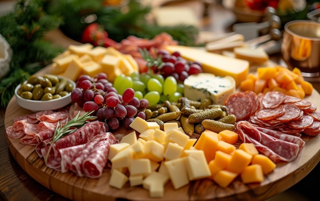 Photo une somptueuse variété de fromages, de viandes, de cornichons et de fruits parfaits pour le divertissement et le pâturage.