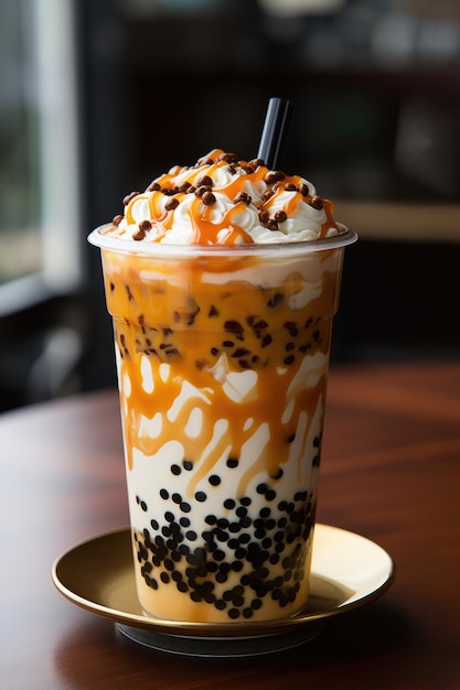 Un somptueux Bubble Tea dans un pot en plastique avec des perles de tapioca au lait cassonade