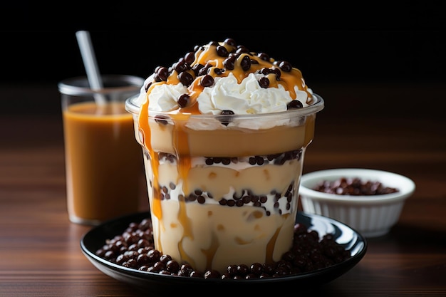 Un somptueux Bubble Tea dans un pot en plastique avec des perles de tapioca au lait cassonade