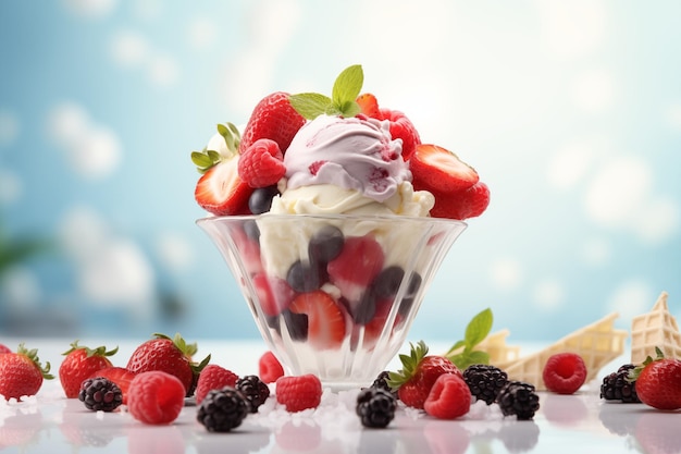 Un somptueux dessert de baies mélangées et de crème glacée à la vanille dans un bol de verre garni de menthe sur un fond de ciel bleu