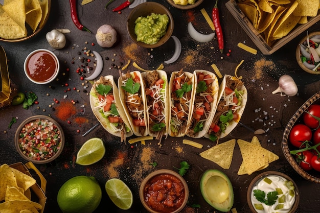 Un somptueux festin de tacos Un délice culinaire détaillé et réaliste sur une table brun foncé