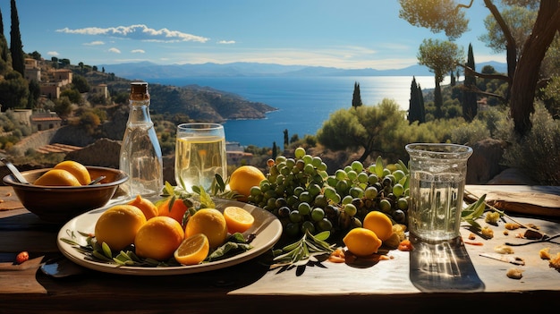 Un somptueux repas méditerranéen sur une table en bois rustique surplombant la mer