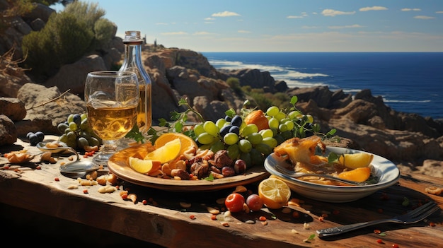 Photo un somptueux repas méditerranéen sur une table en bois rustique surplombant la mer