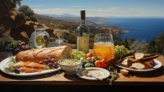 Photo un somptueux repas méditerranéen sur une table en bois rustique surplombant la mer