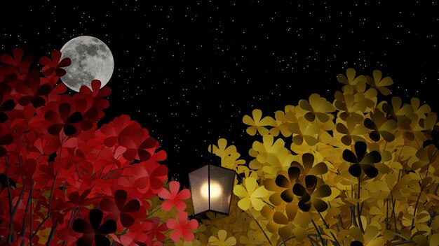 Une sonde de lumière de jardin antique est parmi les plantes à fleurs rouges et jaunes avec un ciel de pleine lune en arrière-plan