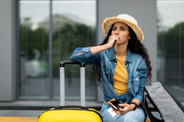 Songeuse jeune femme touriste assis sur un banc à l'extérieur