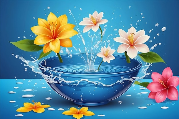Songkran Thaïlande Les fleurs thaïlandaises dans un bol d'eau L'eau éclaboussée sur un fond bleu
