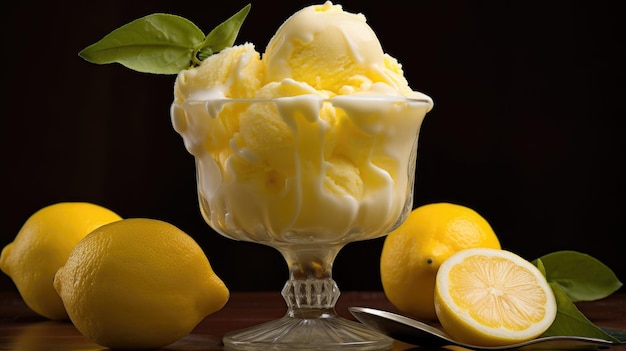 Un sorbet au citron piquant et rafraîchissant débordant de saveur d'agrumes acidulée, une délicieuse gâterie glacée générée par l'IA.