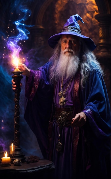 un sorcier magique avec une torche en feu