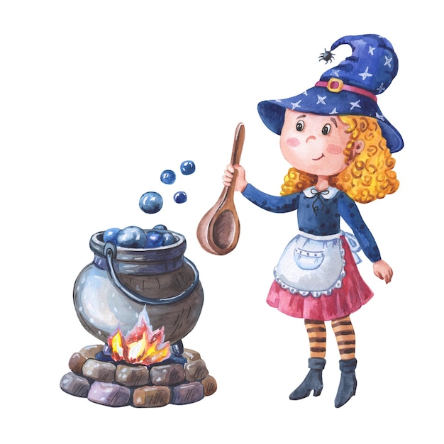 Photo sorcière à l'aquarelle cuisinant au chaudron. fille d'halloween avec un grand pot magique. aquarelle dessinée à la main