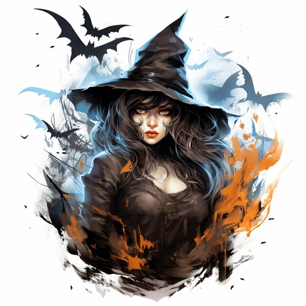 une sorcière avec un chapeau noir et des chauves-souris sur la tête