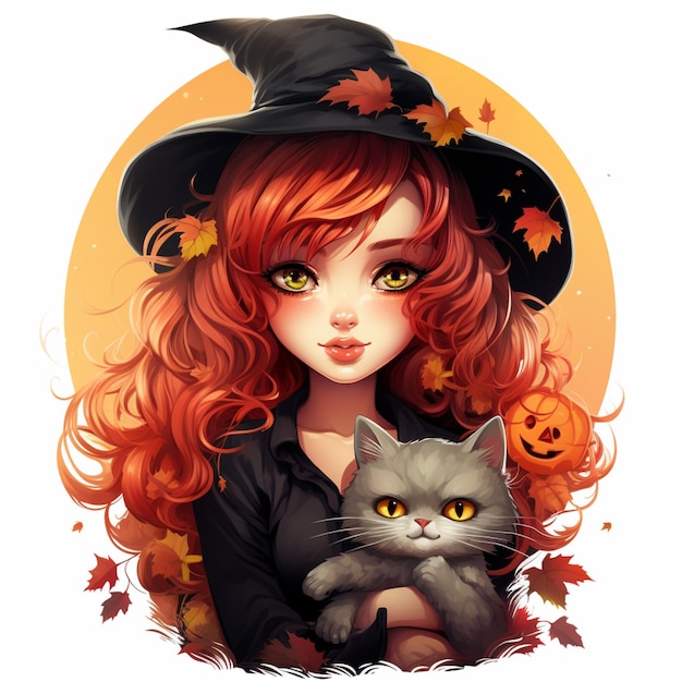 une sorcière avec un chat et des citrouilles en arrière-plan
