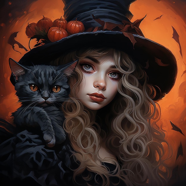 Photo une sorcière colorée d'halloween avec un chat