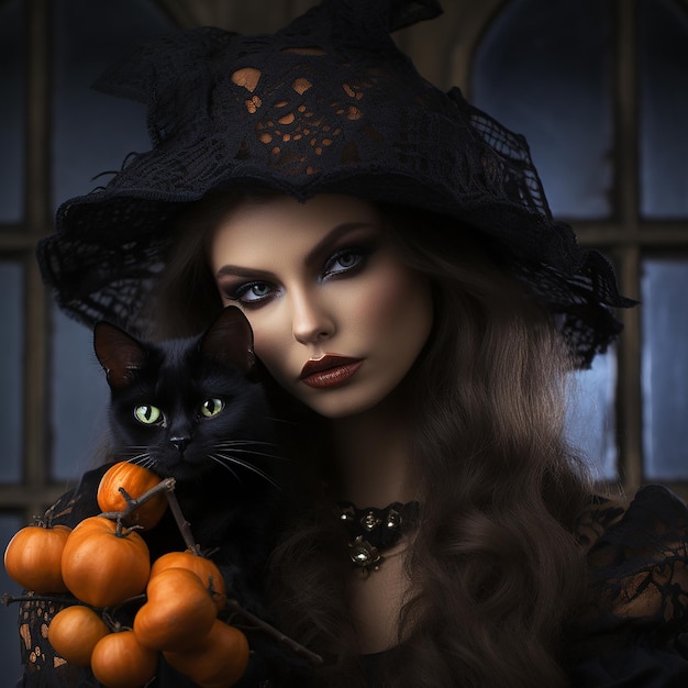 Photo une sorcière colorée d'halloween avec un chat