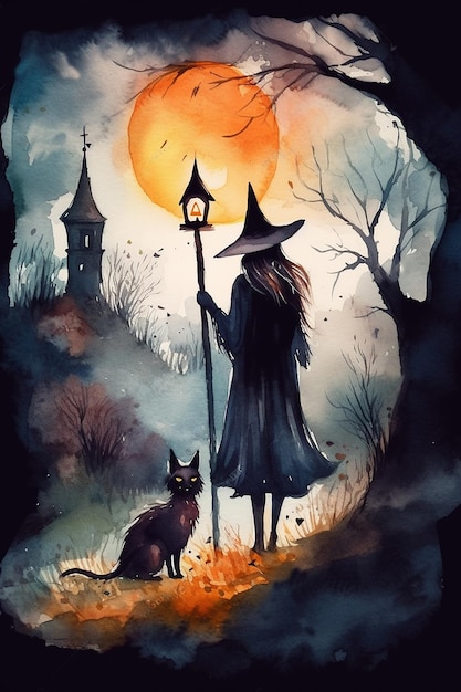 Une sorcière dans un cimetière avec un chat noir