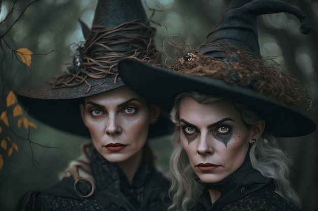 Sorcière avec fabrication de sorts magiques de sorcellerie chapeau conjurant Forêt de magie noire effrayante Magicien Large conception d'art de fête d'Halloween Personnage effrayant terrifiant belle sorcière