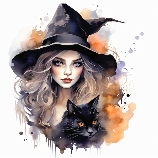 Sorcière d'Halloween et chat noir aquarelle fond blanc