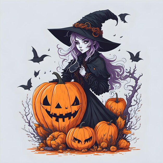 Photo la sorcière d'halloween et la citrouille effrayante illustration artistique vectorielle