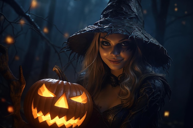 Sorcière d'Halloween avec une citrouille sculptée et des lumières magiques dans une forêt sombre