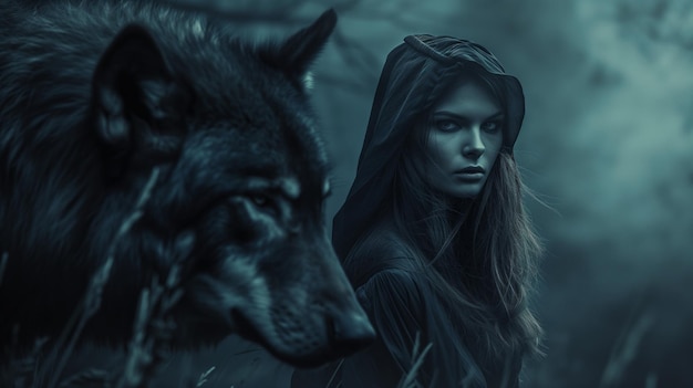 Une sorcière et un loup debout dans une forêt dense entourée de grands arbres et d'ombres sous un ciel nuageux