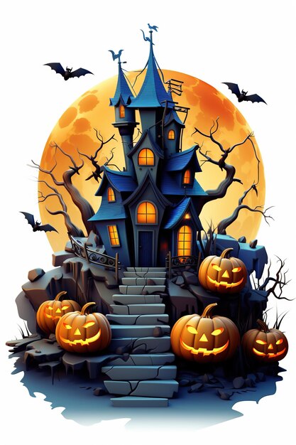 Sorcière maison hantée citrouilles chauves-souris Halloween vacances conception tête de citrouille effrayante générative Ai