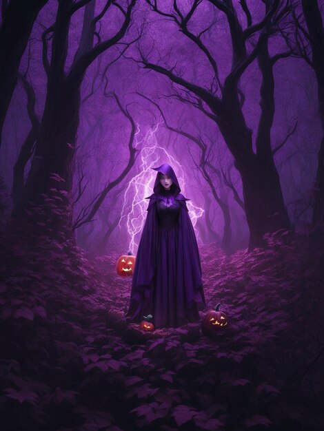 Une sorcière mystérieuse d'Halloween vêtue d'une énergie de chaos pourpre sur la maison du magicien.
