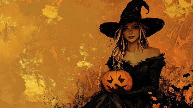 Photo avec une sorcière noire tenant une citrouille invitation d'halloween papier peint abstrait avec des citrouilles