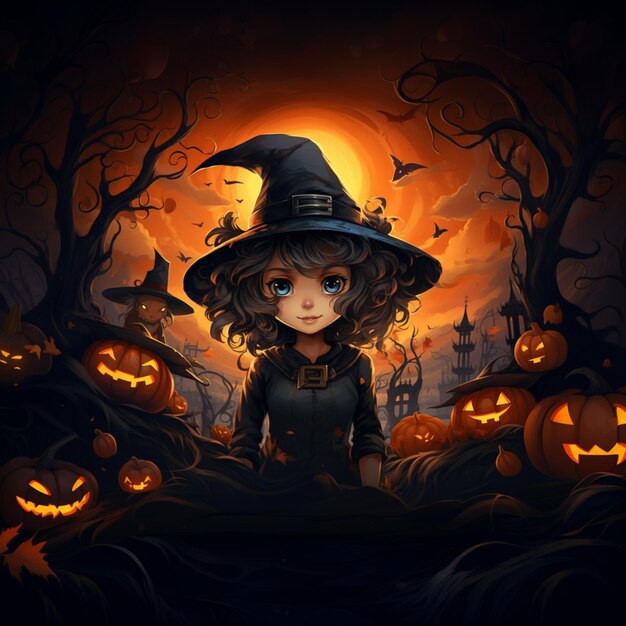 une sorcière en robe noire et un chapeau debout dans un champ de citrouilles générative ai