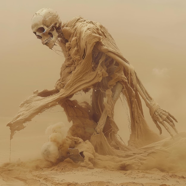 Une sorcière squelettique faite de sable entourée d'une tempête de sable dans l'ambiance du désert.