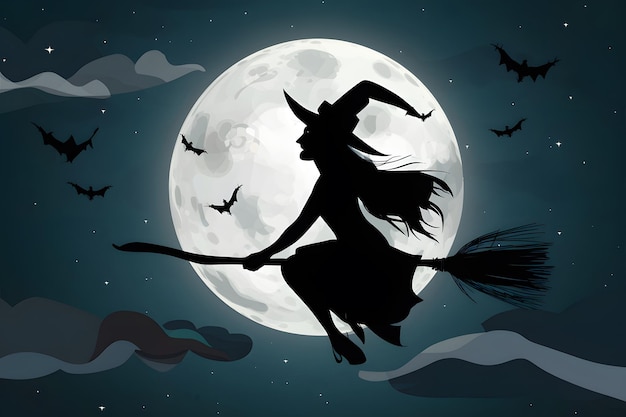 Photo une sorcière volant sur un balai dans le ciel nocturne avec la pleine lune évoquant l'atmosphère d'halloween