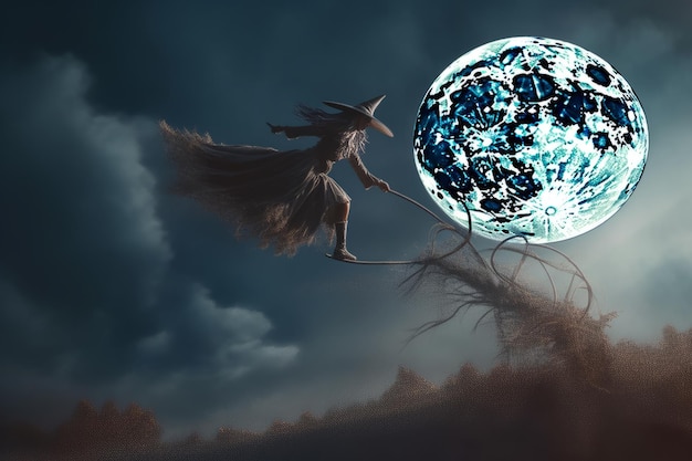 Une sorcière volant sur un balai à travers la pleine lune créée avec la technologie d'IA générative