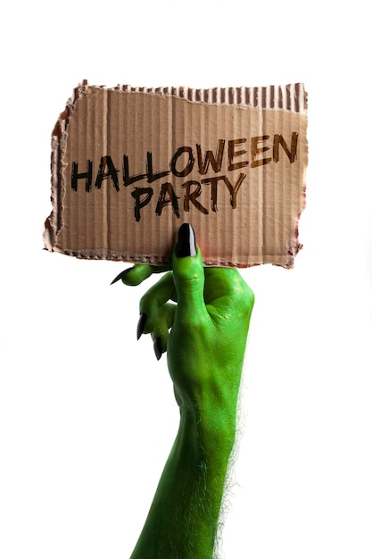Sorcières vertes Happy Party ou main de monstre zombie tenant un signe de carte