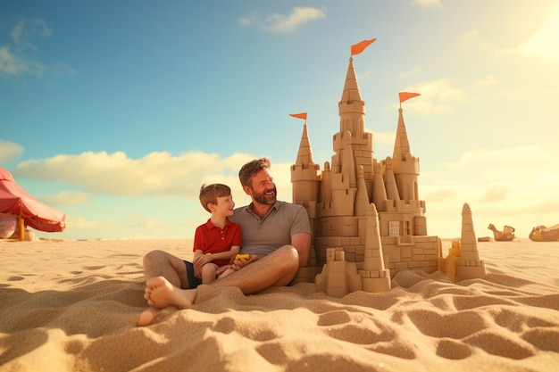 Une sortie à la plage pour la fête des pères avec des châteaux de sable et des ai génératifs