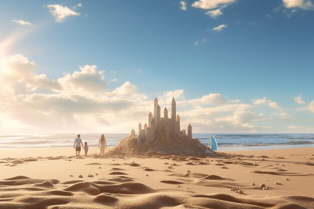 Une sortie à la plage pour la fête des pères avec des châteaux de sable et des ai génératifs