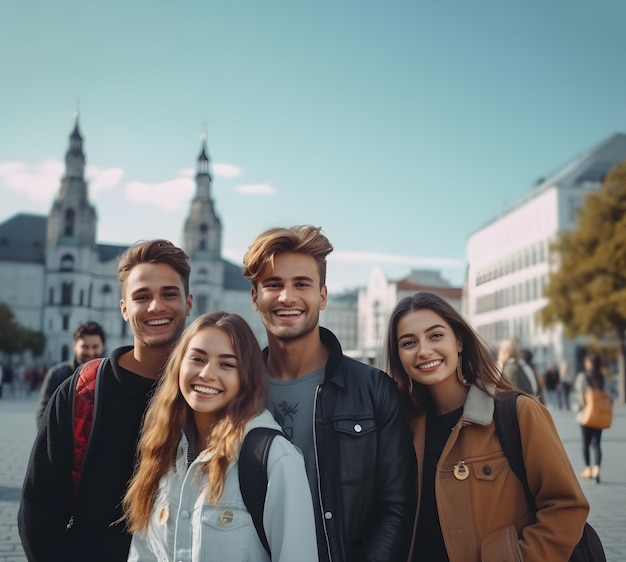 Sortir avec des amis en souriant en regardant la caméra