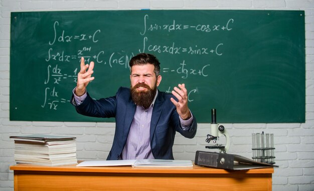 Sortir de la classe Le directeur de l'école menace de punition Enseignant strict homme barbu sérieux fond de tableau L'enseignant a l'air menaçant Règles de comportement à l'école Enseignant exigeant