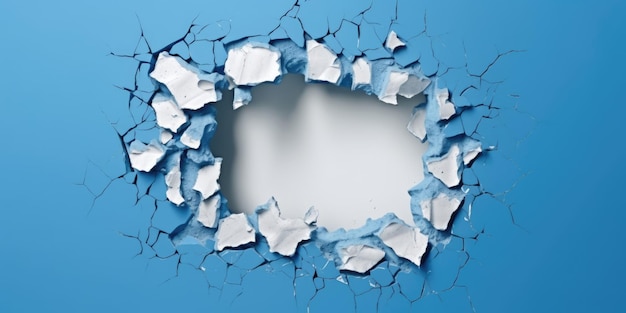 Photo sortir d'un trou dans un mur bleu uni trou déchiré maquette de cadre d'espace de copie vide image ia générative weber