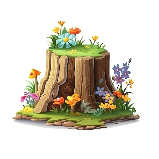 Souche d'arbre de dessin animé avec une fleur et une herbe