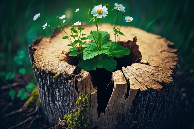 Souche d'arbre avec des fleurs qui en sortent AI générative