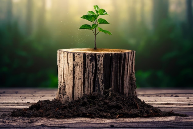 Une souche d'arbre avec une petite plante verte qui en pousse