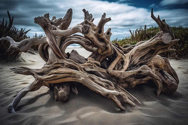 Une souche d'arbre sur la plage en Nouvelle-Zélande.