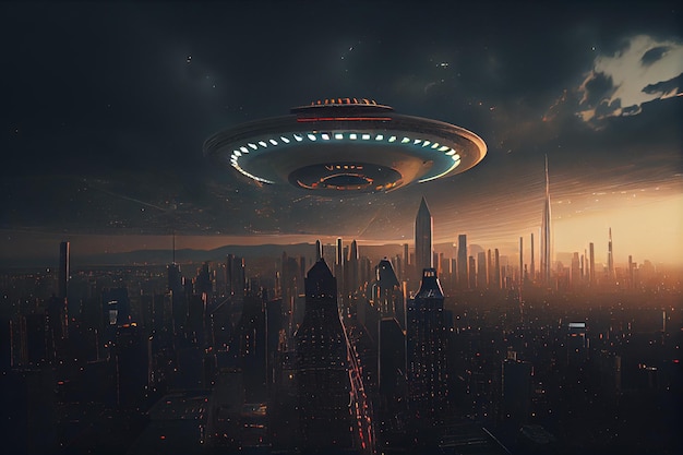 Une soucoupe extraterrestre planant au-dessus de la ville Invasion extraterrestre OVNI visiteurs d'objets volants non identifiés de l'espace Le concept de voyage spatial et de vie extraterrestre