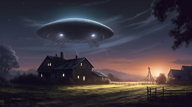 Soucoupe volante survolant la ferme la nuit navire extraterrestre dans l'illustration numérique de la ferme