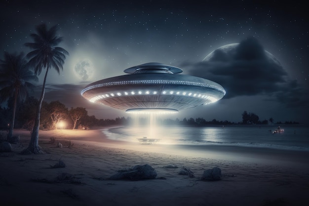 Une soucoupe volante survolant la plage Un vaisseau extraterrestre sur la plage la nuit Illustration numérique AI