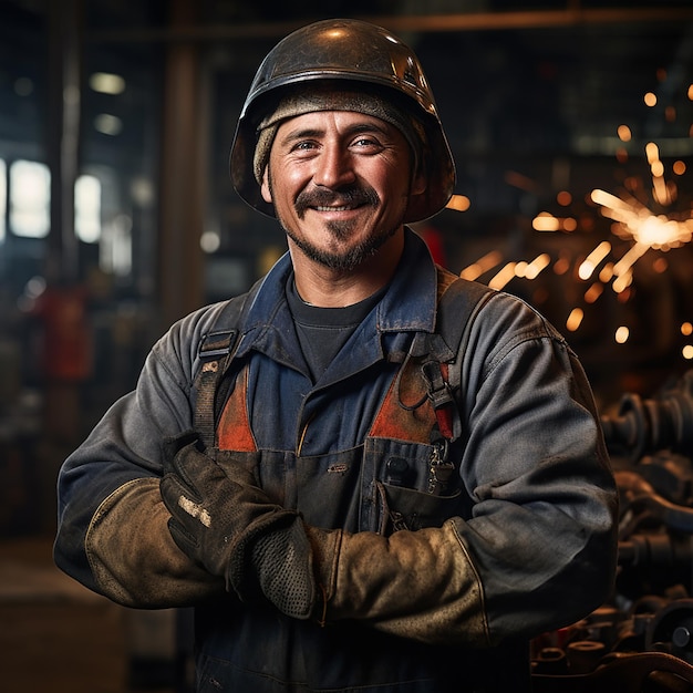 Soudeur d'acier joyeux à l'usine industrielle