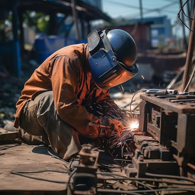 soudeur à électrode travaillant sur la construction pendant la journée le soudeur porte un casque de soudage coloré