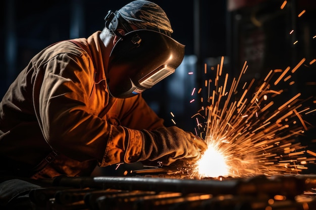 Soudeur avec des étincelles volantes Il présente des artisans qualifiés travaillant sur des projets de fabrication métallique Équipement de sécurité