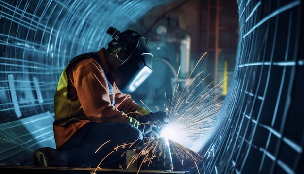 Soudeur de l'industrie lourde travaillant à l'intérieur du tuyau de soudage